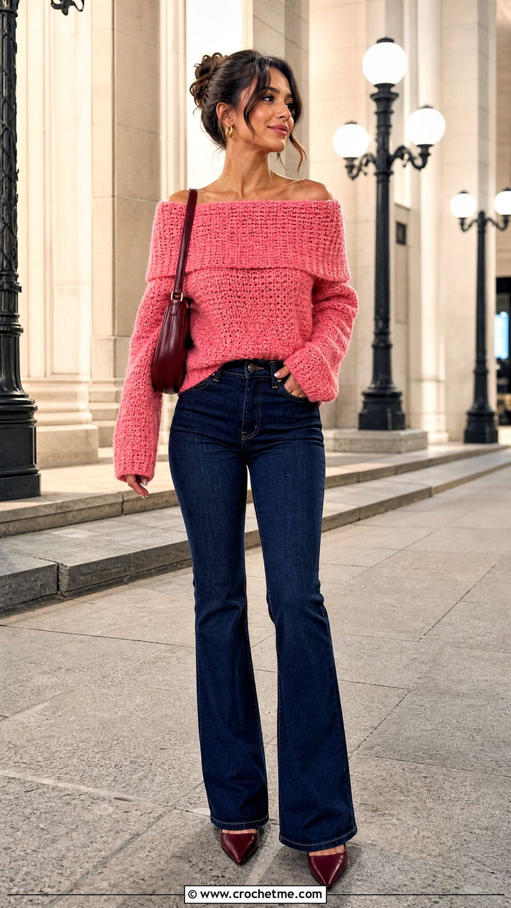 Pink Off Shoulder Crochet Sweater With Dark Denim - 35 pink crochet sweater outfit ideas