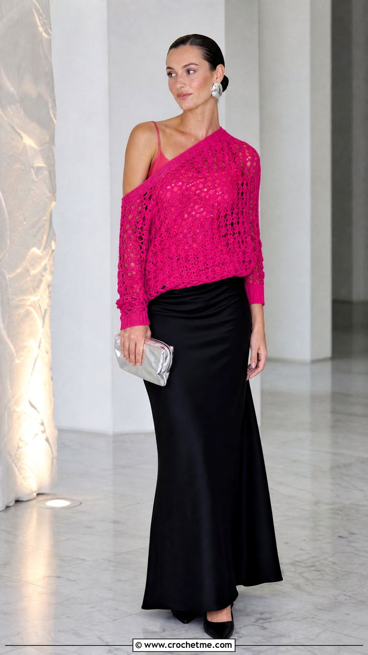 Pink One Shoulder Crochet Sweater With Black Maxi Skirt - 35 pink crochet sweater outfit ideas