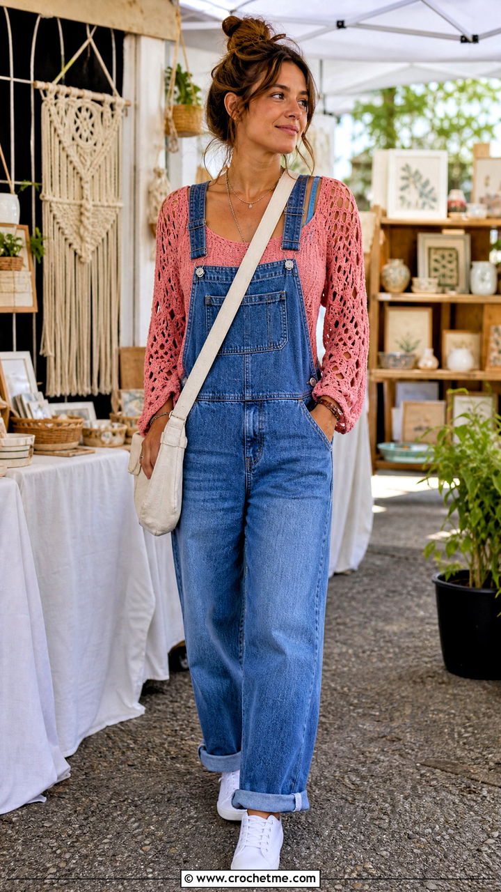 Pink Open Knit Crochet Sweater With Denim Overalls - 35 pink crochet sweater outfit ideas