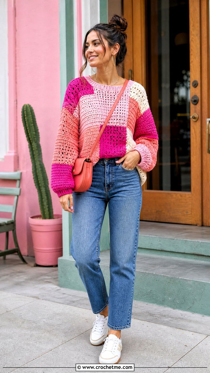 Pink Patchwork Crochet Sweater With Straight Leg Jeans - 35 pink crochet sweater outfit ideas
