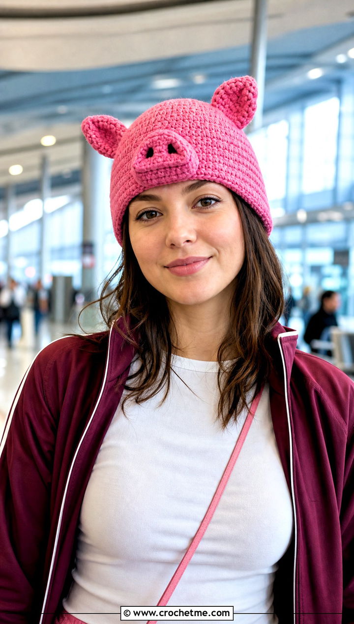 Pink Pig Crochet Ear Hat With Track Jacket - 20 Minecraft Crochet Hat outfit ideas