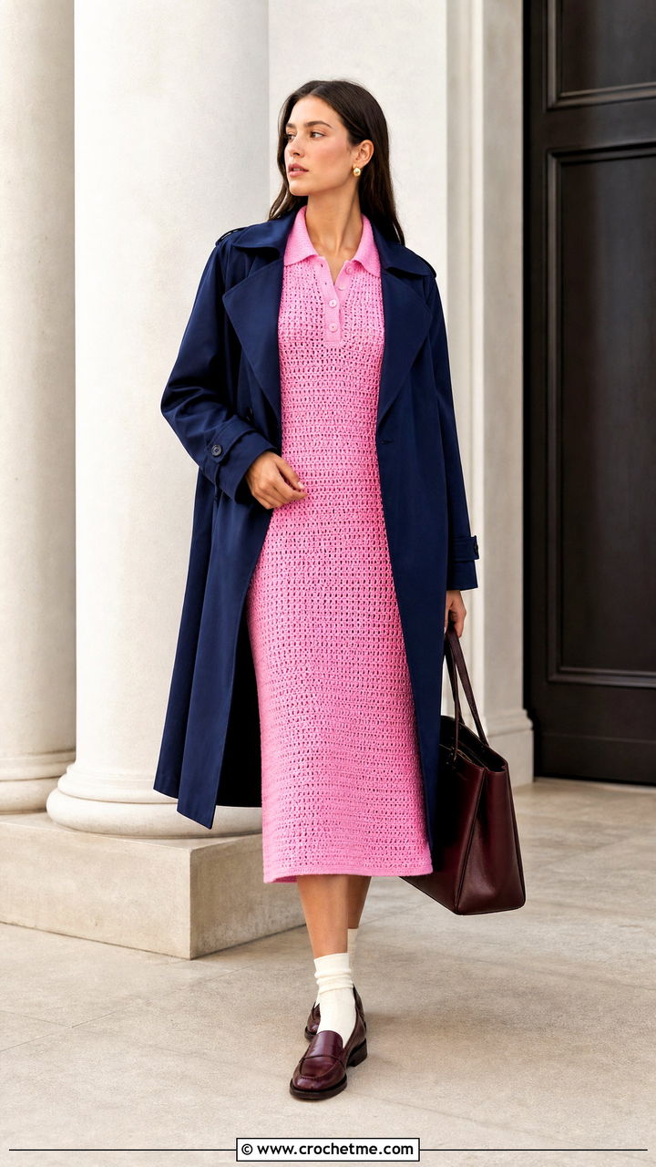 Pink Polo Collar Crochet Midi Dress With Loafers - 35 pink crochet dress outfit ideas
