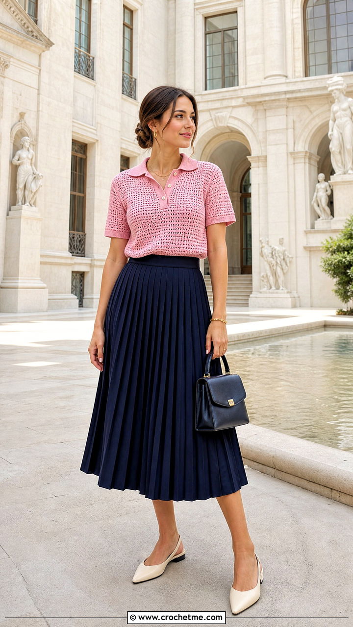 Pink Polo Crochet Sweater With Pleated Midi Skirt - 35 pink crochet sweater outfit ideas