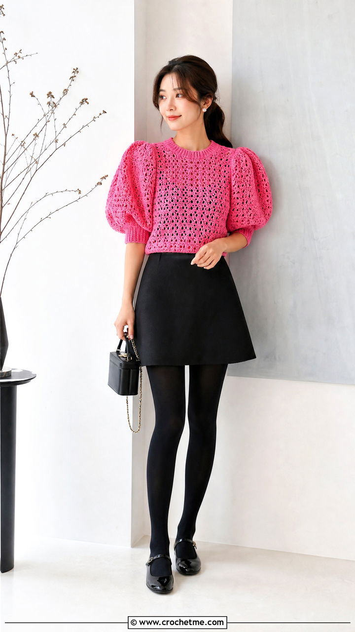 Pink Puff Sleeve Crochet Sweater With A Line Mini Skirt - 35 pink crochet sweater outfit ideas