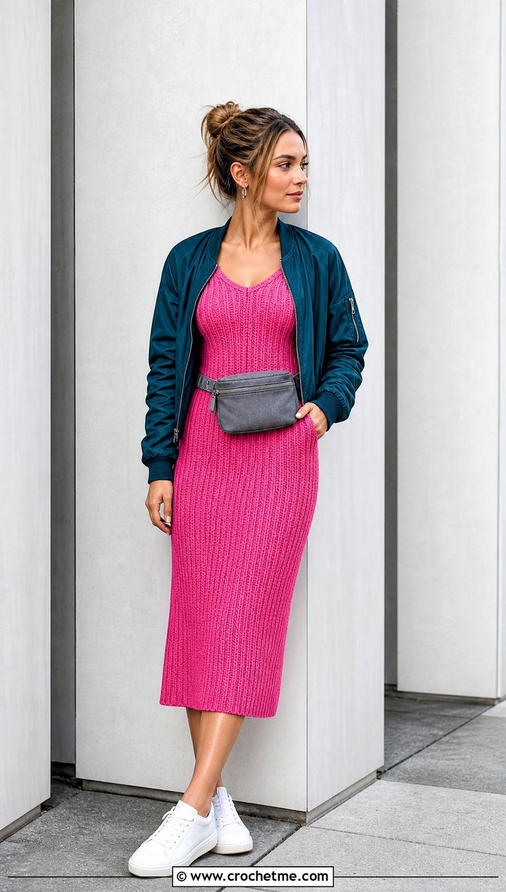 Pink Ribbed Crochet Dress With Bomber Jacket - 30 Pink Crochet Dress Outfits ideas