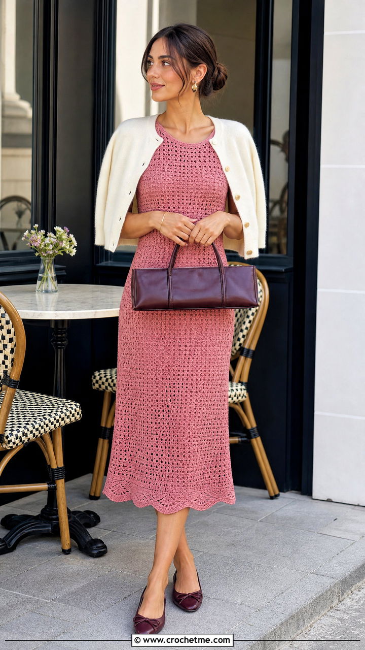 Pink Scallop Hem Crochet Midi Dress With Ballet Flats - 35 pink crochet dress outfit ideas