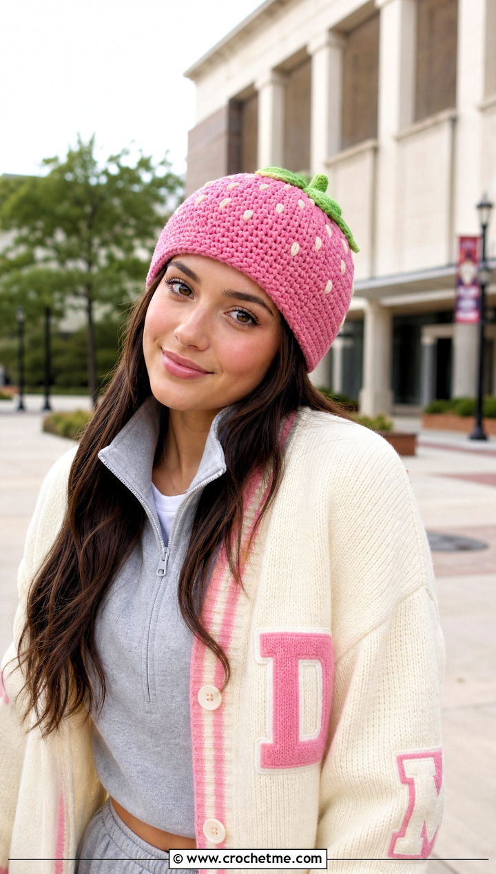 Pink Strawberry Beanie With Tennis Skirt - 30 Crochet Strawberry Beanie outfit ideas