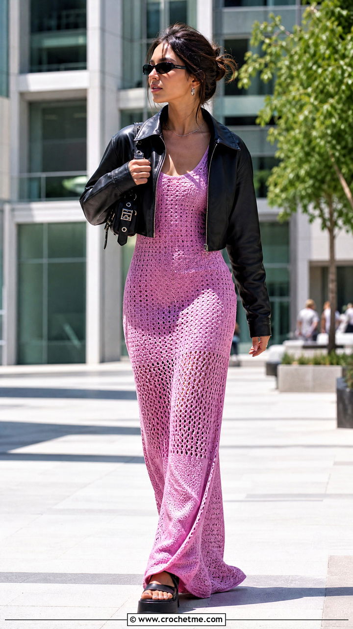 Pink Tank Crochet Maxi Dress With Leather Jacket - 35 pink crochet dress outfit ideas