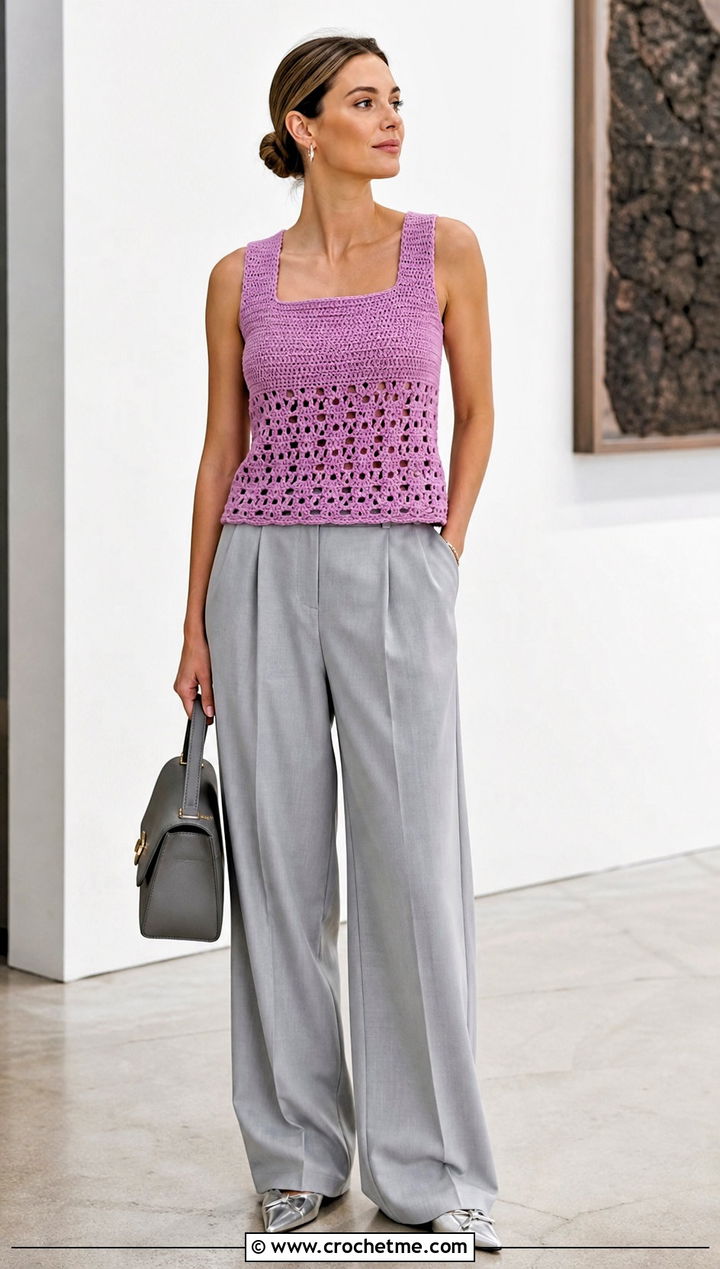 Pink Violet Crochet Square Neck Top With Suit Pants - 35 pink crochet outfit ideas