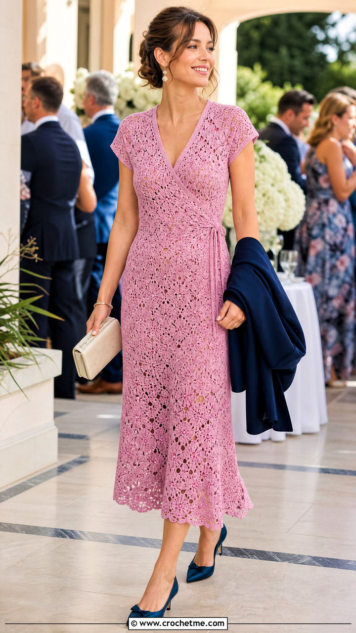 Pink Wrap Crochet Midi Dress With Kitten Heels - 35 pink crochet dress outfit ideas