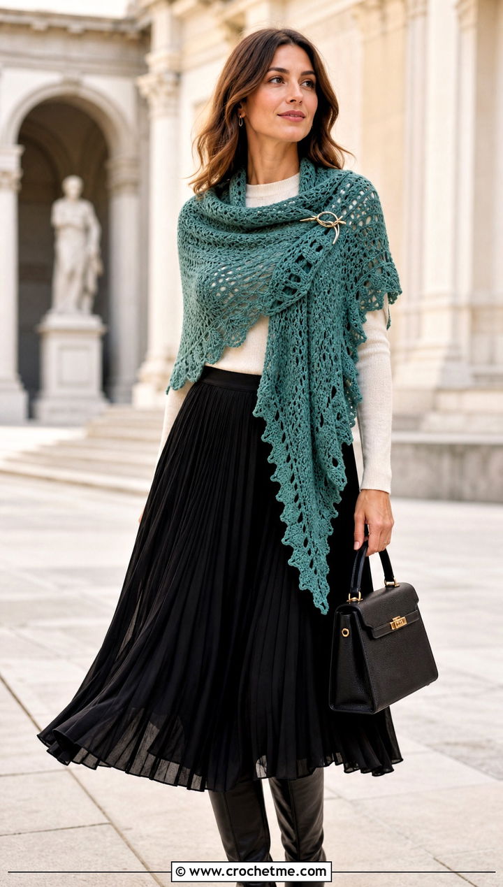 Pinned Fall River Crochet Shawl With a Pleated Midi Skirt - 25 Fall River Crochet Shawl outfit ideas