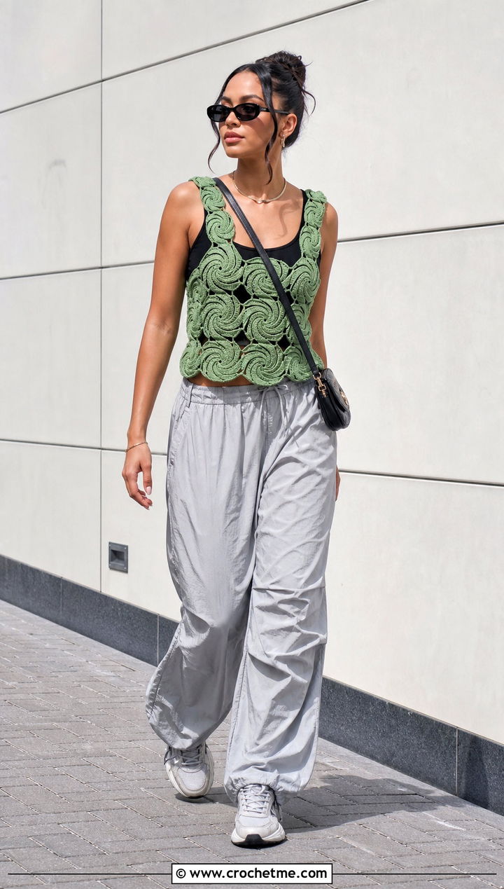 Pinwheel Crochet Motif Top With Parachute Pants - 30 crochet motif top outfit ideas