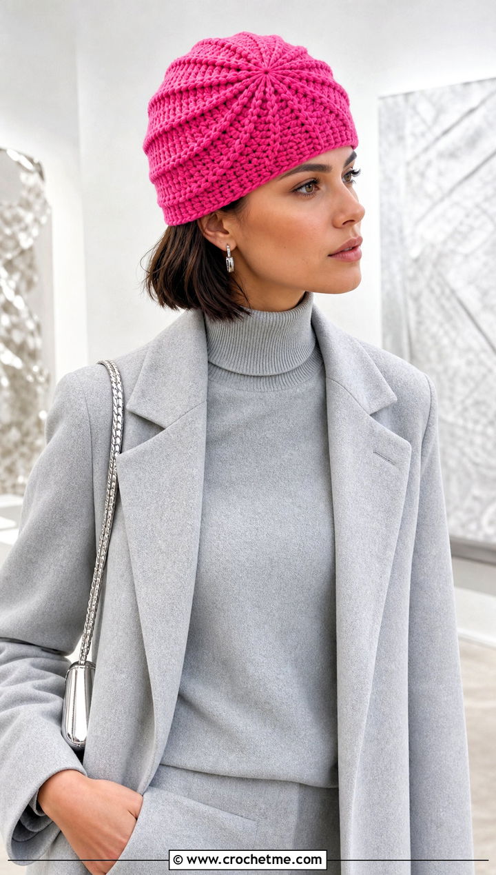 Pinwheel Short Row Crochet Hat With Monochrome Outfit - 25 short row crochet hat outfit ideas