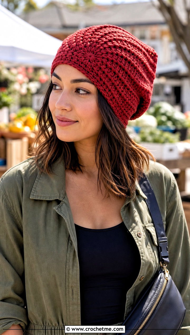 Pinwheel Slouch Crochet Hat With Utility Jumpsuit - 30 slouch crochet hat outfit ideas