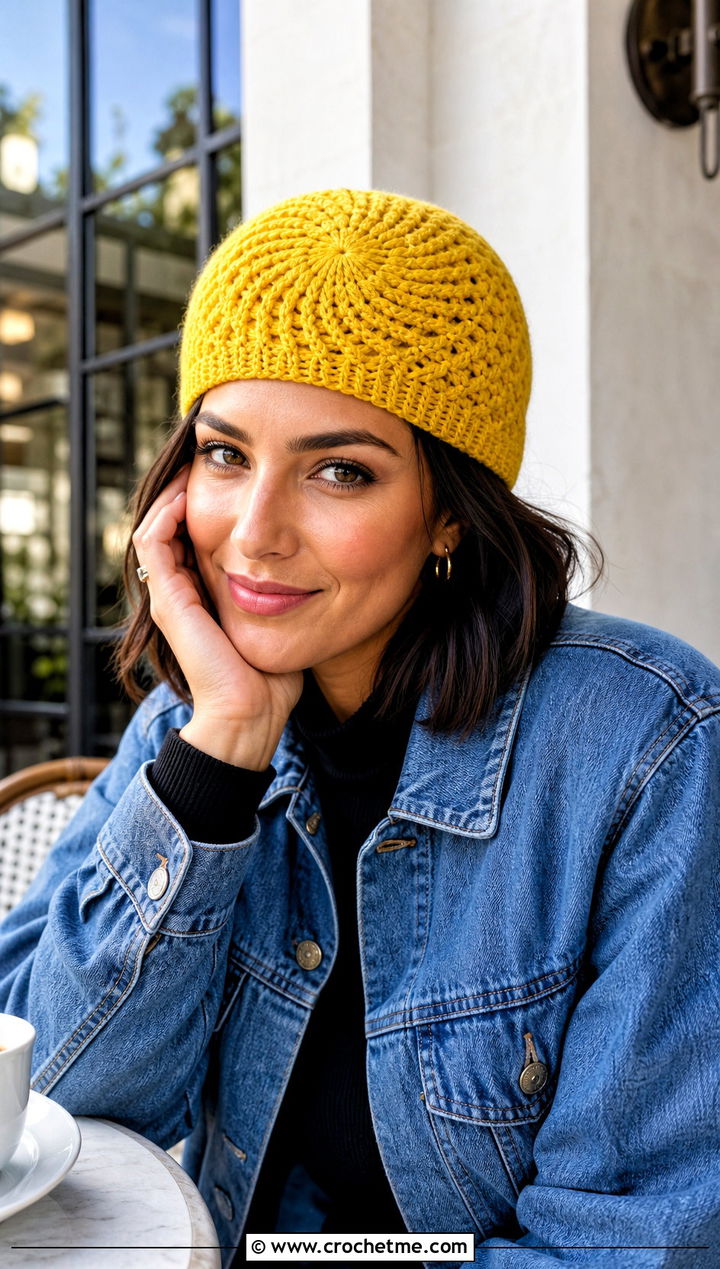 Pinwheel Spiral Crochet Beanie With Denim Jacket - 25 Spiral Crochet Hat outfit ideas