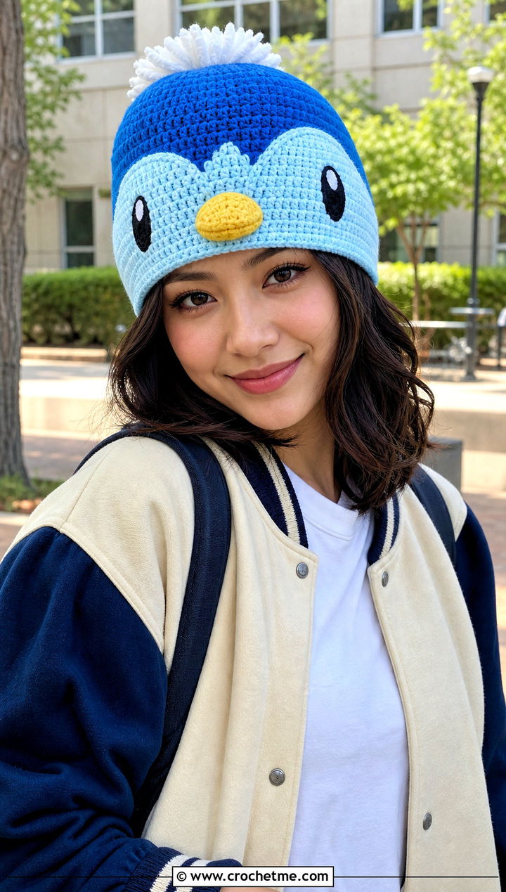 Piplup Pom Pom Beanie With Varsity Jacket - 30 crochet pokemon beanie outfit ideas