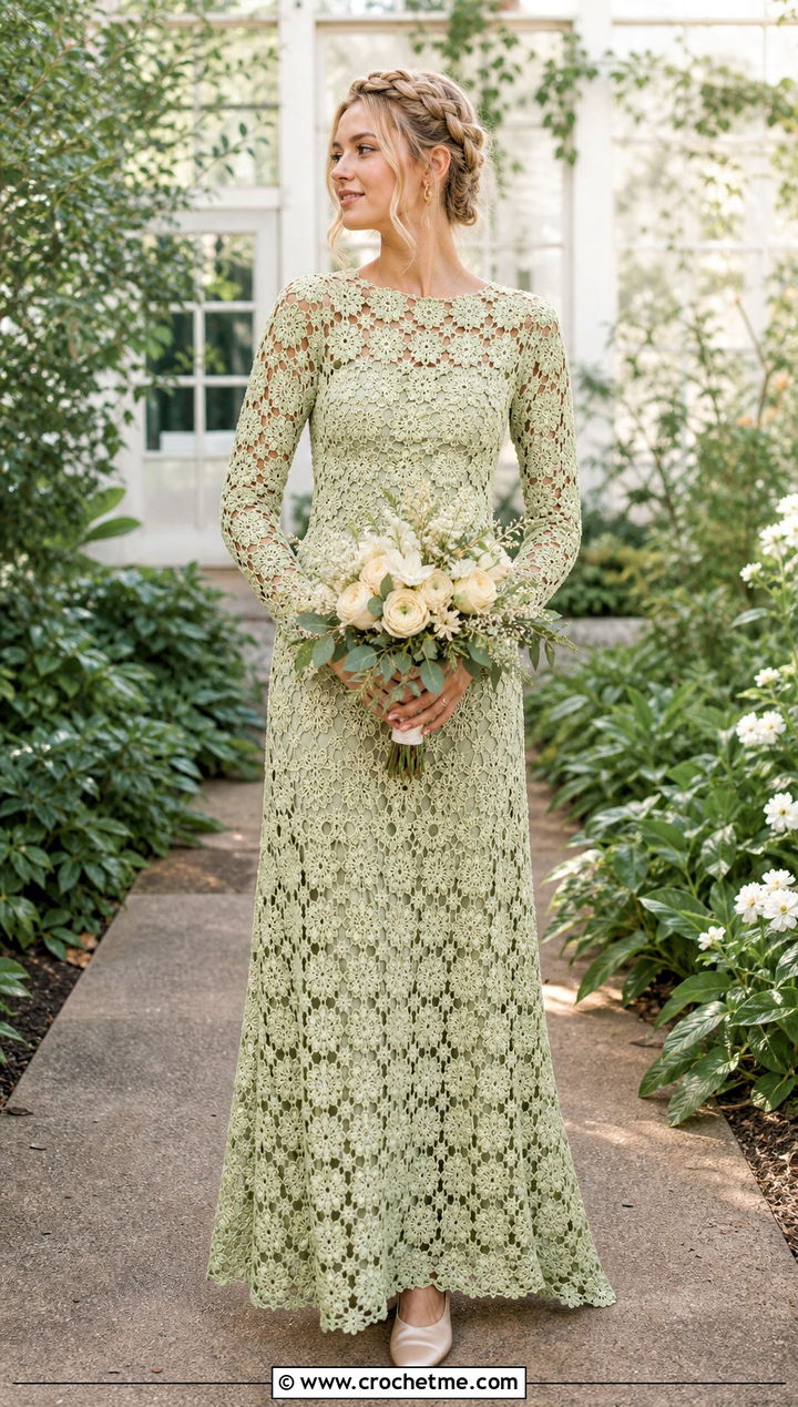 Pistachio Floral Motif Long Sleeve Crochet Wedding Dress With Satin Flats - 15 long sleeve crochet wedding dress outfit ideas