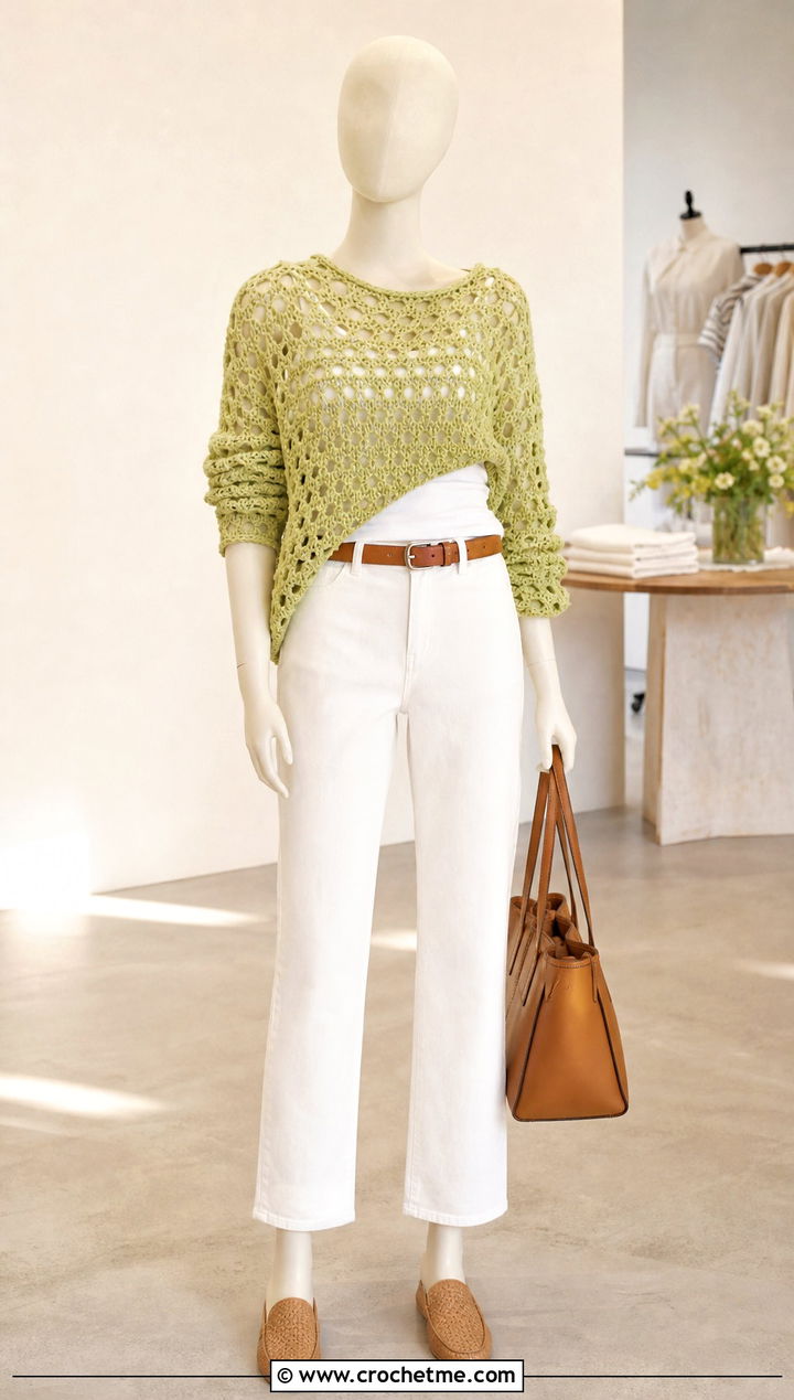 Pistachio Open Stitch Crochet Sweater With White Jeans - 15 Green Crochet Sweater On Mannequin outfit ideas