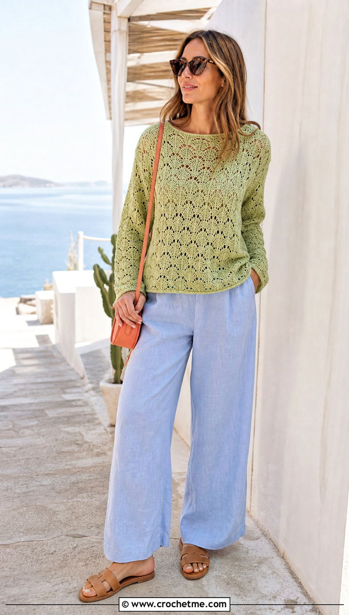 Pistachio Shell Stitch Crochet Jumper With Linen Pants - 30 green crochet jumper outfit ideas