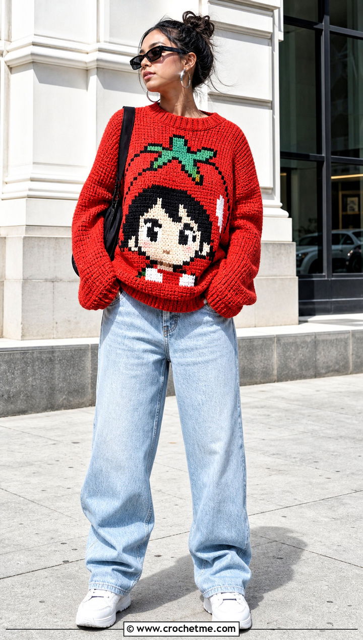 Pixel Art Anime Crochet Sweater With Baggy Jeans - 30 Anime Crochet Sweater outfit ideas