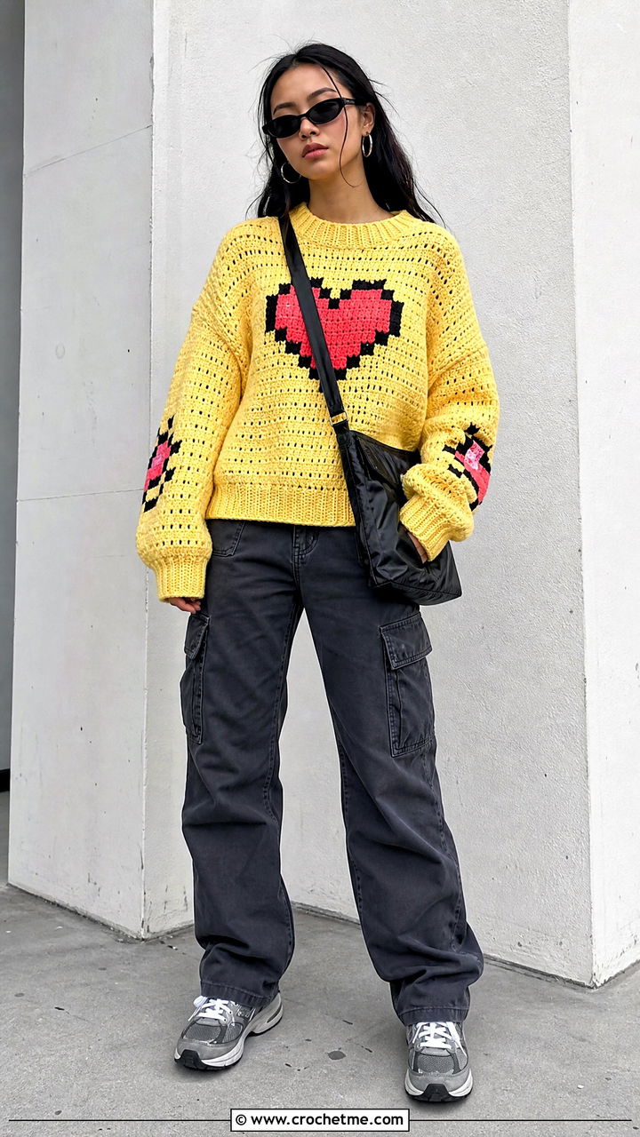 Pixel Art Crochet Sweater With Cargo Pants - 35 anime crochet clothes and outfit ideas