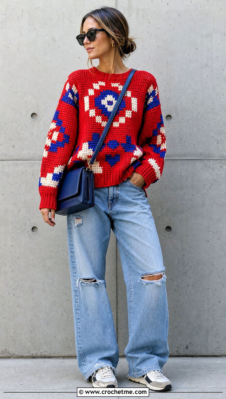 Pixel Art Tapestry Crochet Jumper With Distressed Jeans - 30 Tapestry Crochet Jumper outfit ideas