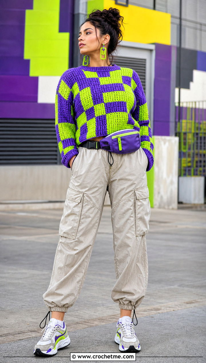 Pixel Block Crochet Sweater With Parachute Pants - 30 crochet block sweater outfit ideas