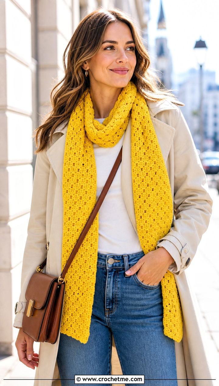 Pixel C C Rectangle Scarf With Trench Coat And Jeans - 35 c2c crochet scarf outfit ideas