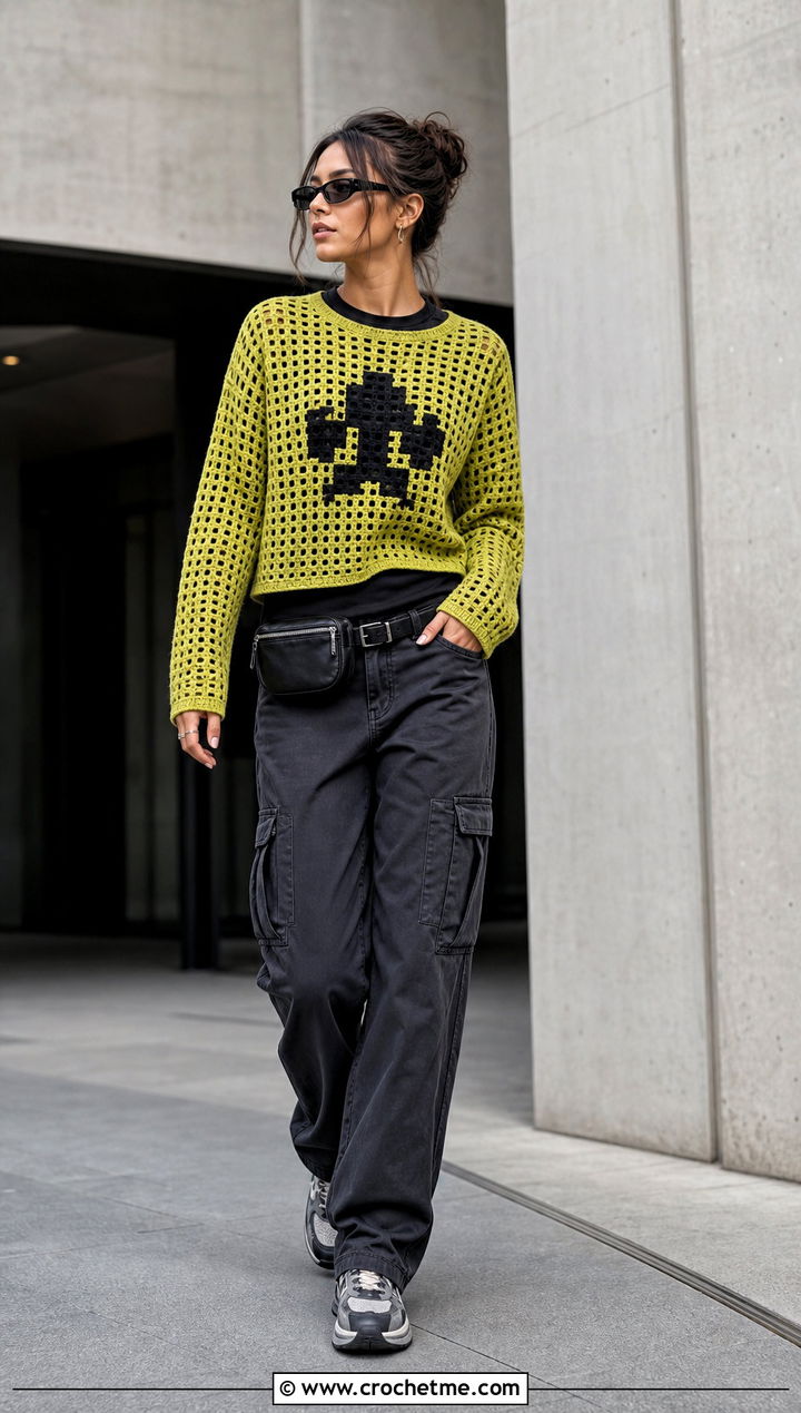 Pixel Grid Crochet Sweater With Cargo Pants - 15 grid crochet sweater design outfit ideas