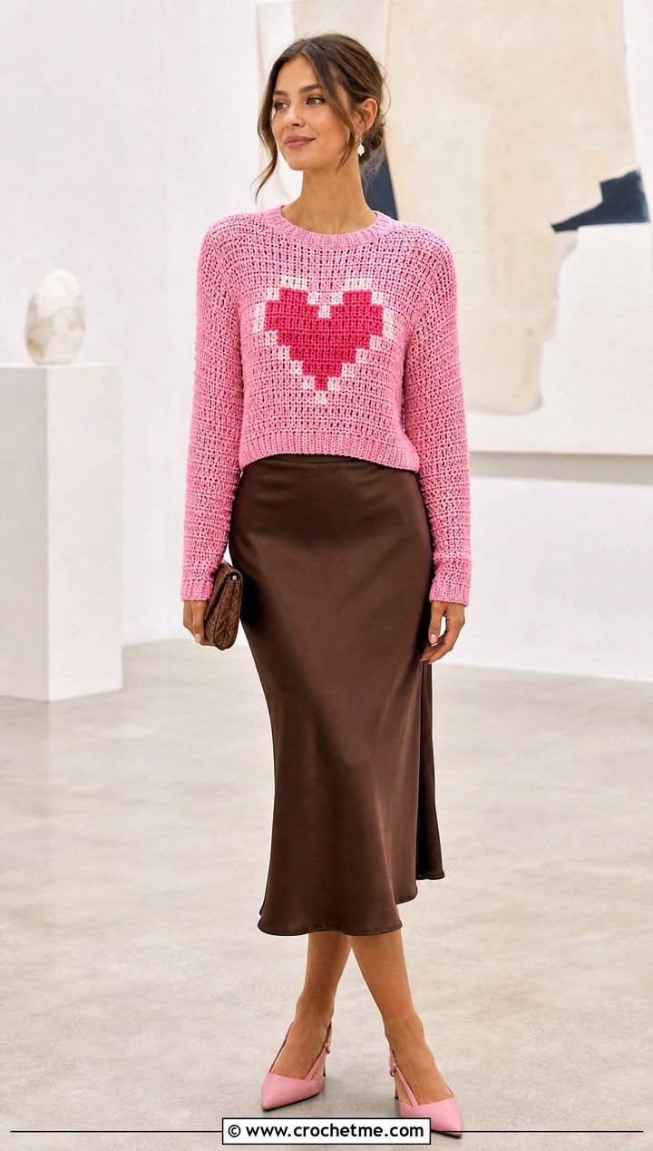 Pixel Heart Crochet Graphic Sweater With Satin Midi Skirt - 30 crochet graphic sweater outfit ideas