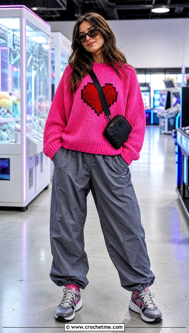 Pixel Heart Crochet Mabel Pines Sweater With Parachute Pants - 30 crochet mabel pines sweater outfit ideas