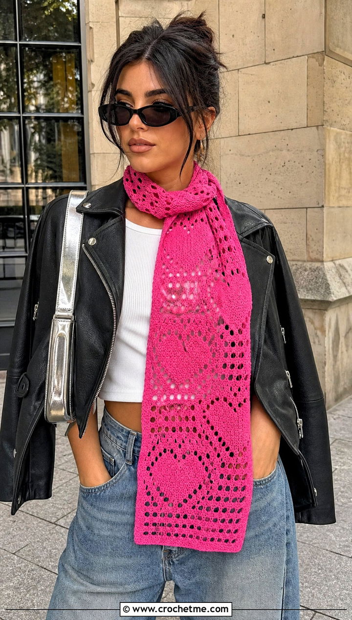 Pixel Heart Lace Scarf With Leather Jacket - 25 crochet heart scarf outfit ideas