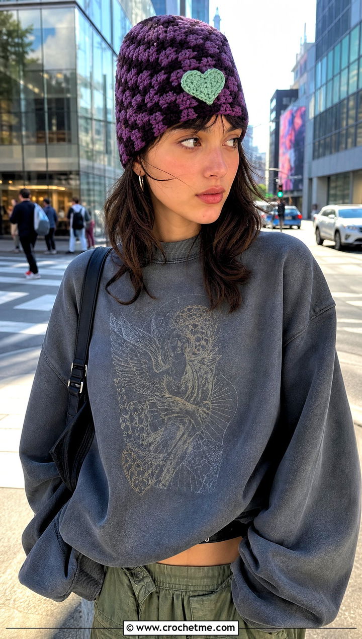 Pixel Motif Square Beanie With Cargo Skirt - 25 square crochet beanie outfit ideas
