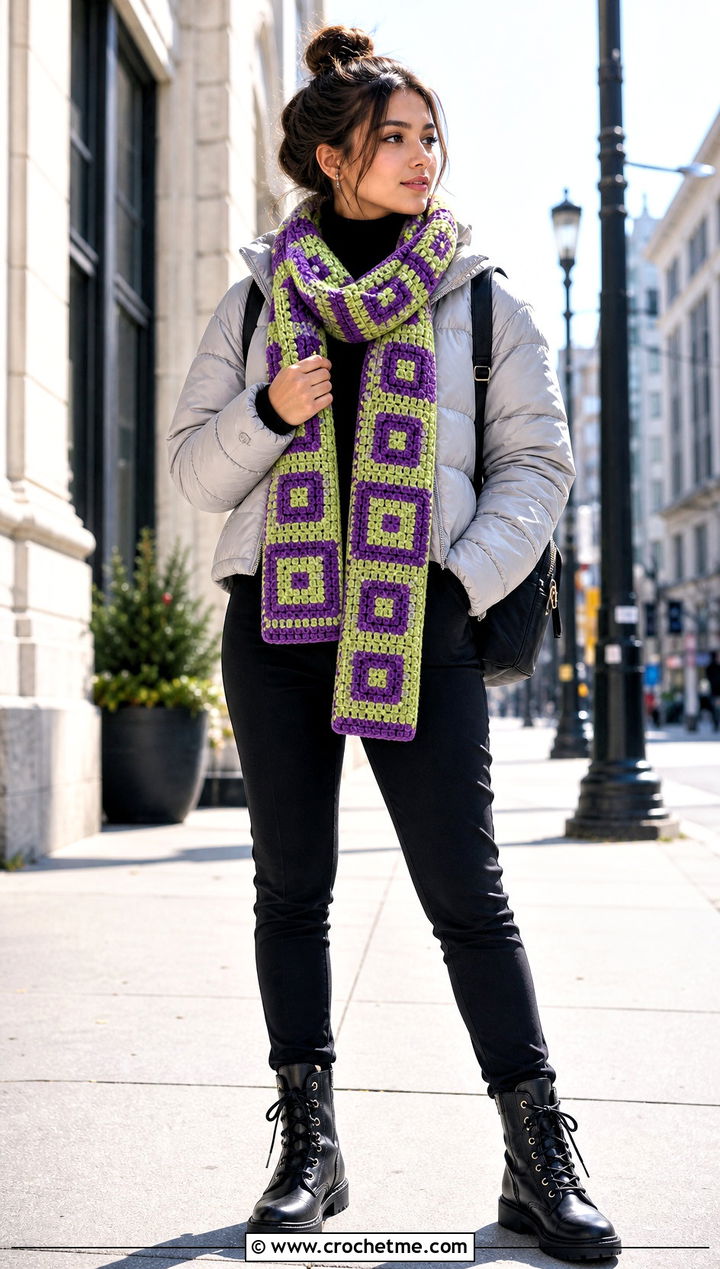 Pixel Tapestry Crochet Scarf With Puffer Jacket - 35 tapestry crochet scarf outfit ideas
