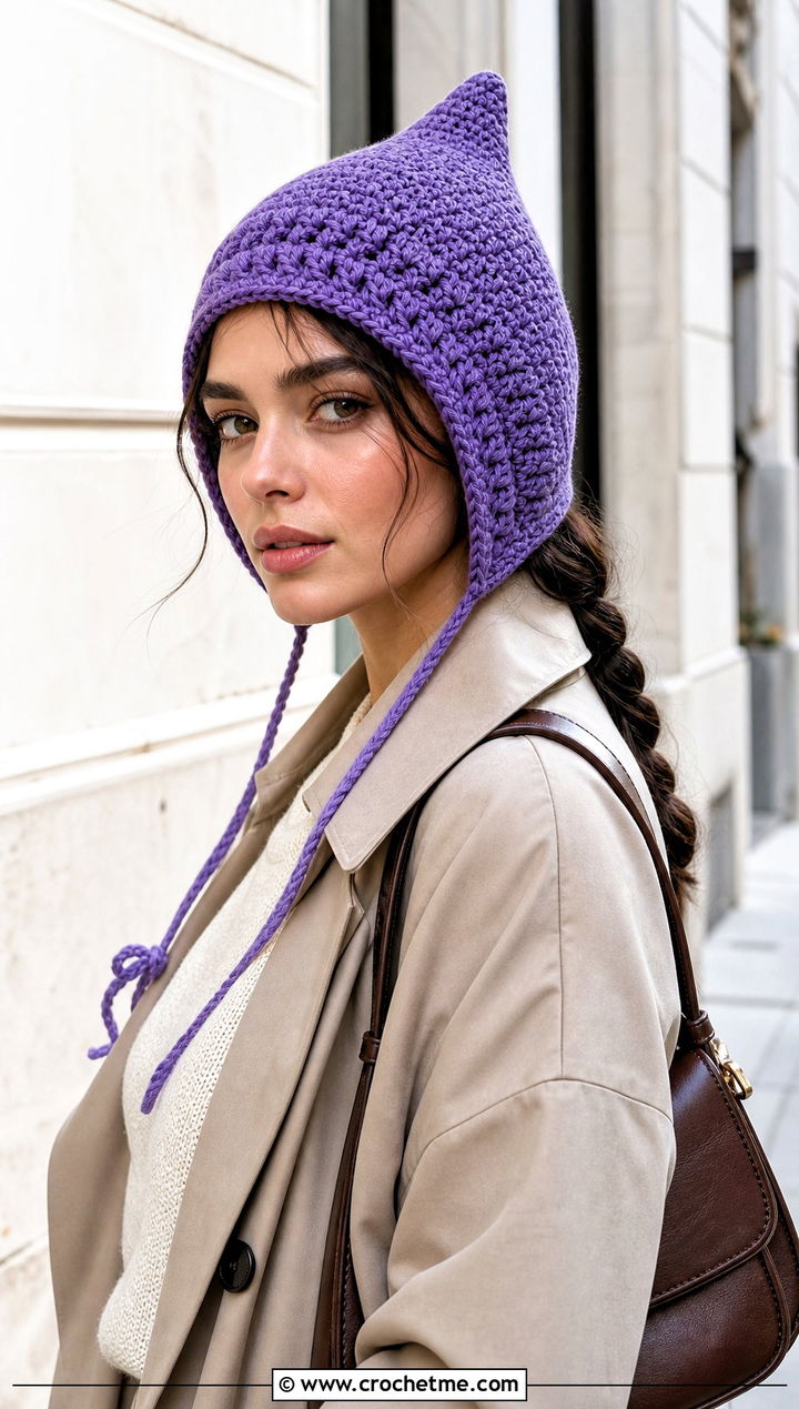 Pixie Bonnet Crochet Earflap Hat With Trench Coat - 15 Crochet Hat With Earflaps outfit ideas