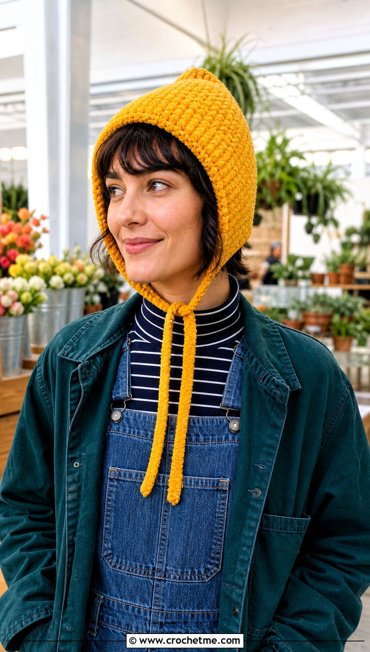 Pixie Chenille Bonnet With Overalls - 30 crochet chenille hat outfit ideas