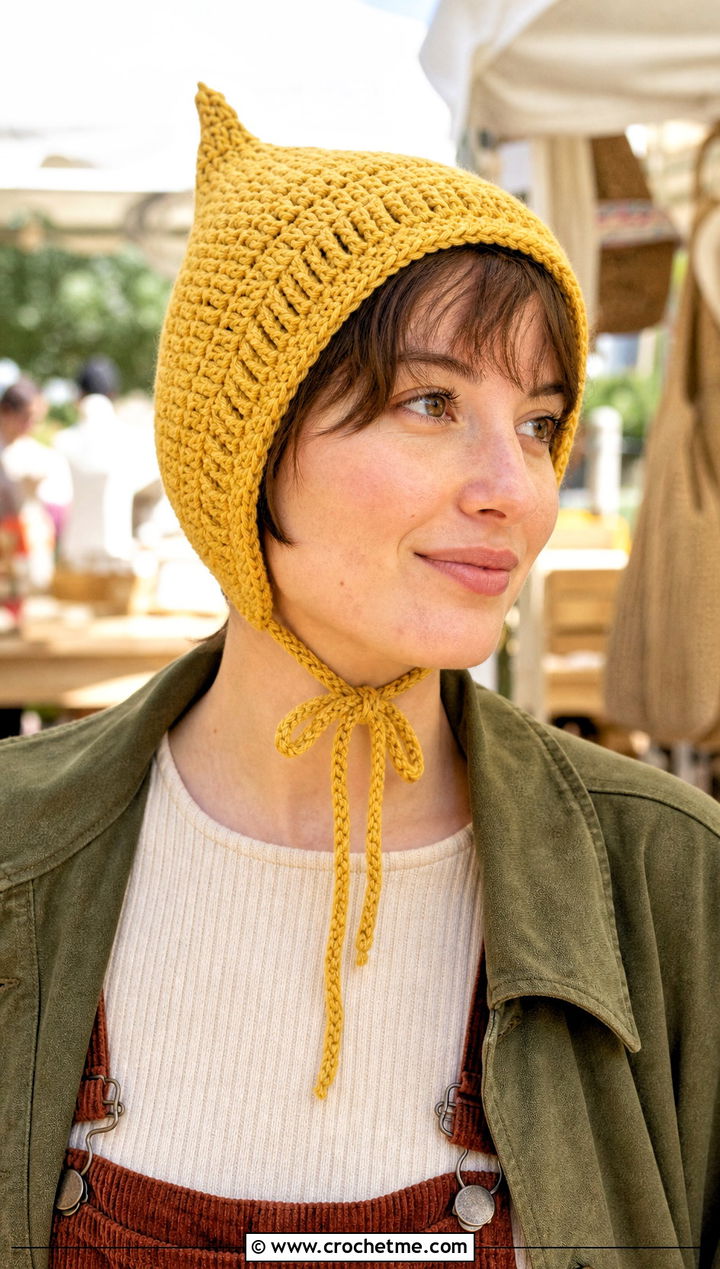Pixie Crochet Bonnet With Corduroy Overalls - 25 Cute Crochet Hats outfit ideas