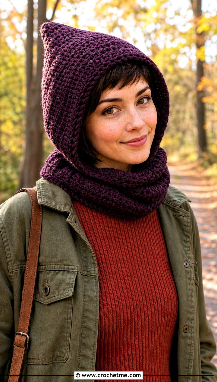 Pixie Crochet Cowl Hat With Corduroy Outfit - 25 crochet cowl hat outfit ideas
