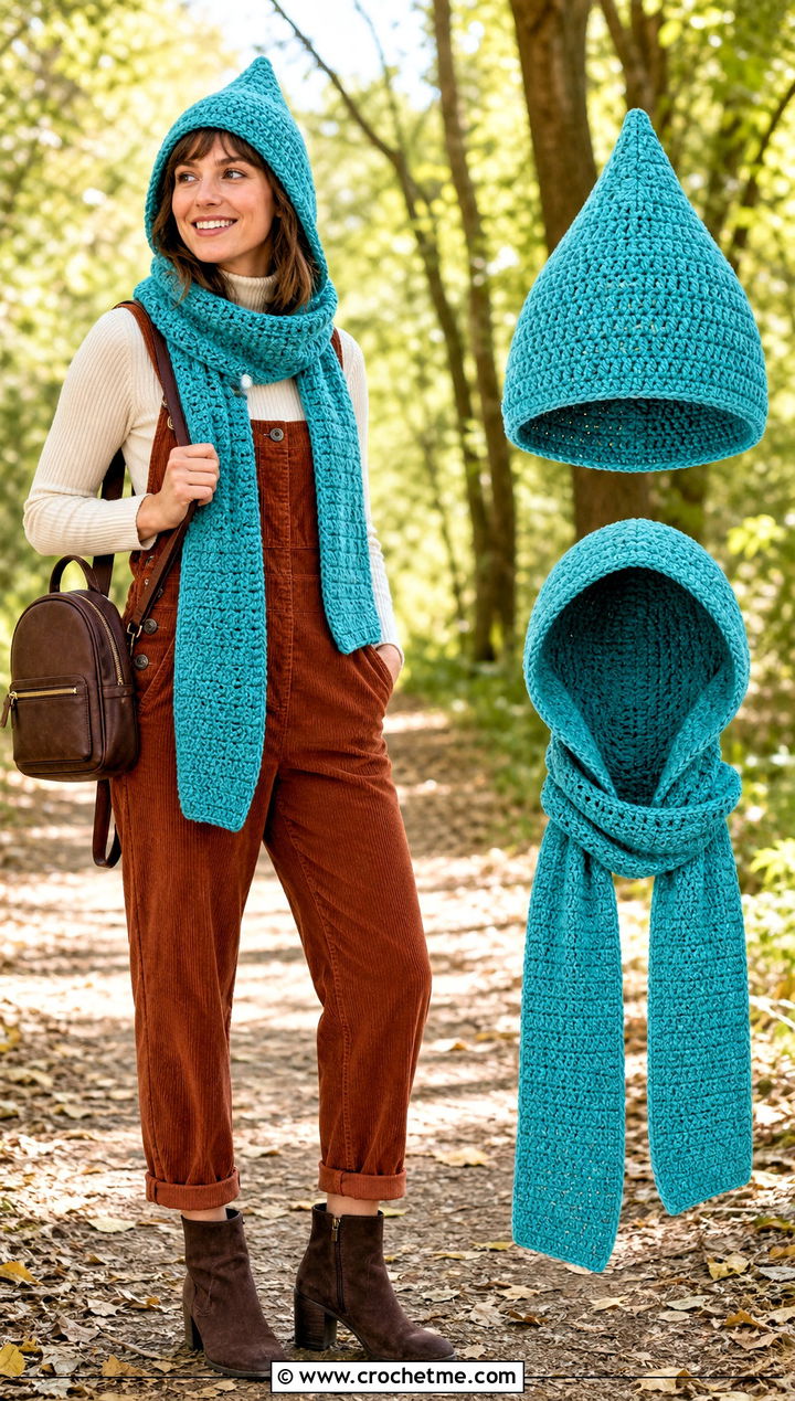 Pixie Crochet Hat And Hooded Scarf With Corduroy Outfit - 35 crochet hat and scarf set outfit ideas
