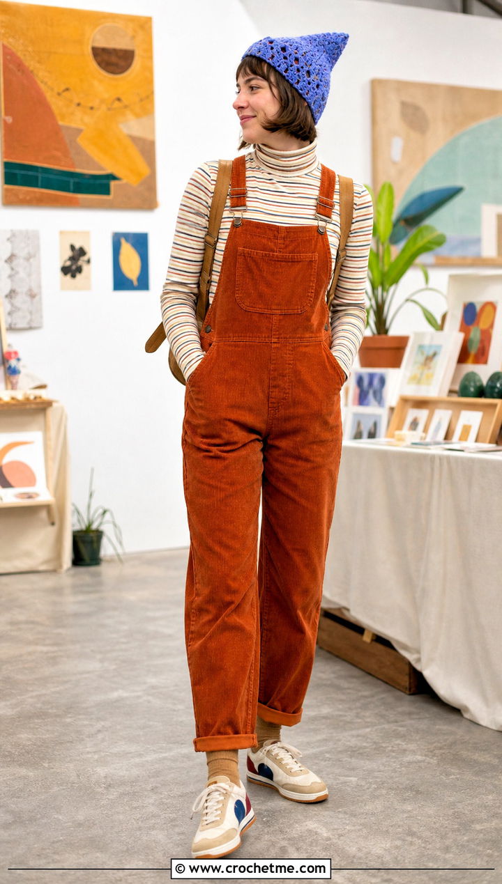Pixie Crochet Hat With Corduroy Overalls - 35 cute crochet hat ideas