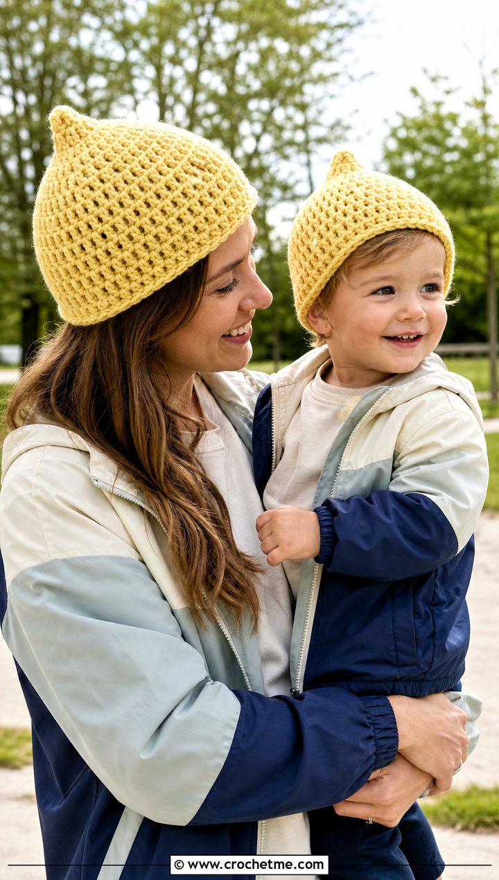 Pixie Crochet Hats With Color Block Jackets - 25 crochet mommy and me hats outfit ideas