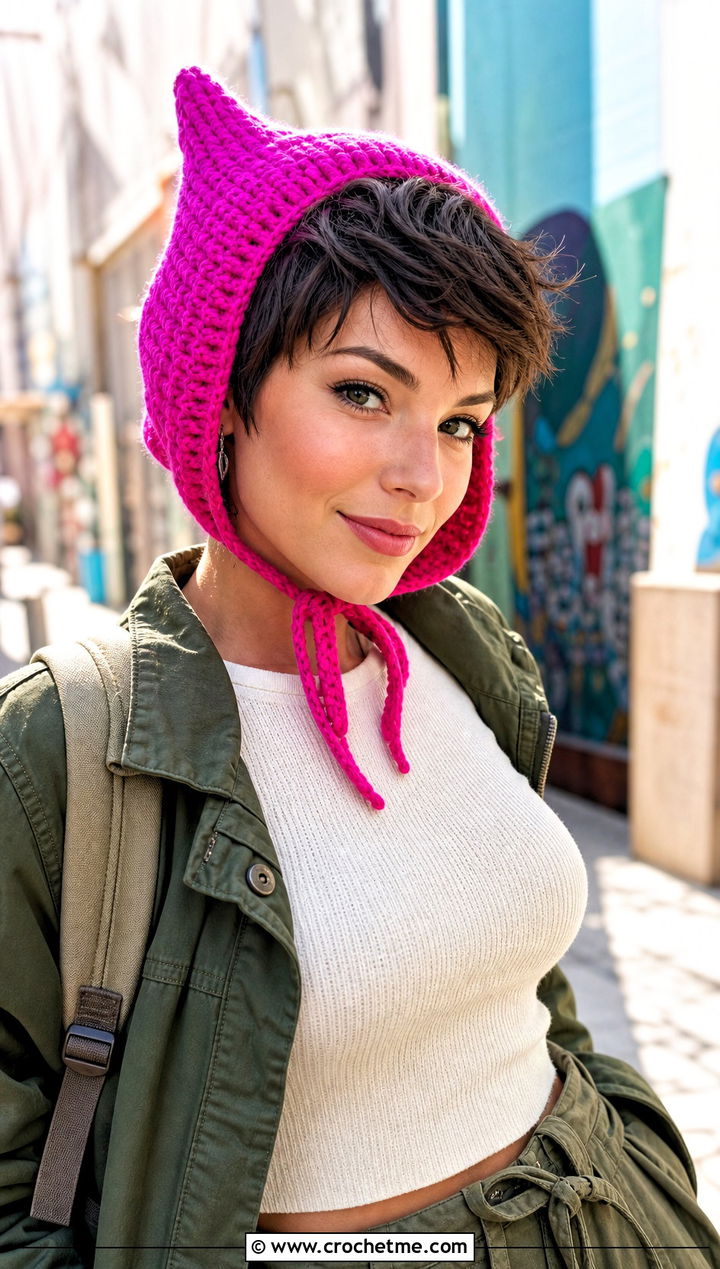Pixie Crochet Hood Hat With Short Hair And Utility Coat - 30 crochet hat with hair outfit ideas