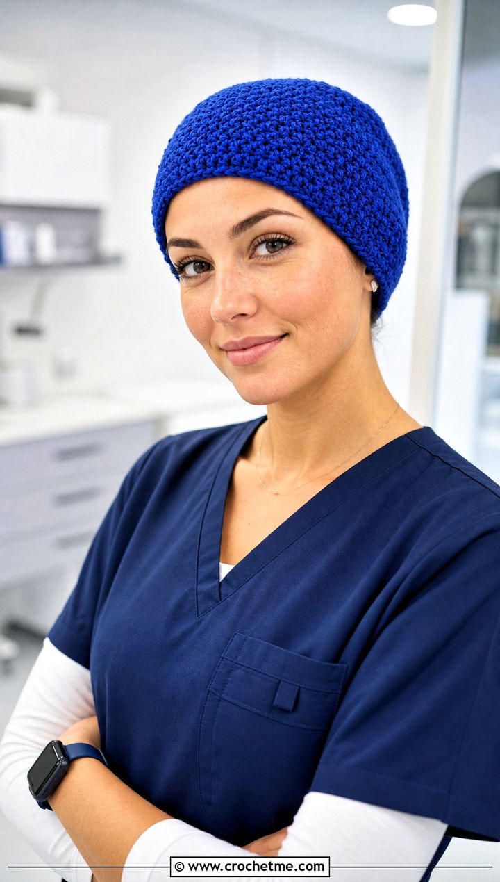 Pixie Crochet Scrub Cap With Navy Jogger Scrubs - 20 Crochet Scrub Cap outfit ideas