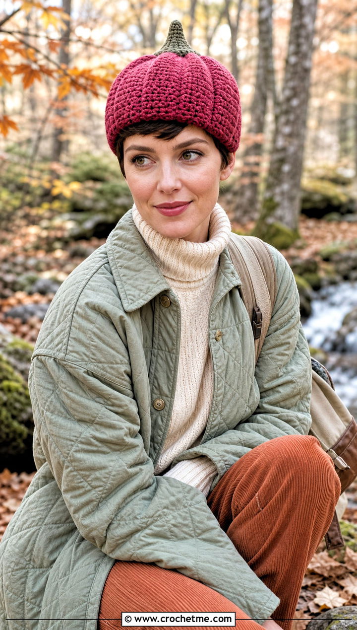 Pixie Crocheted Pumpkin Hat With Quilted Coat And Corduroy Pants - 15 Crocheted Pumpkin Hat outfit ideas