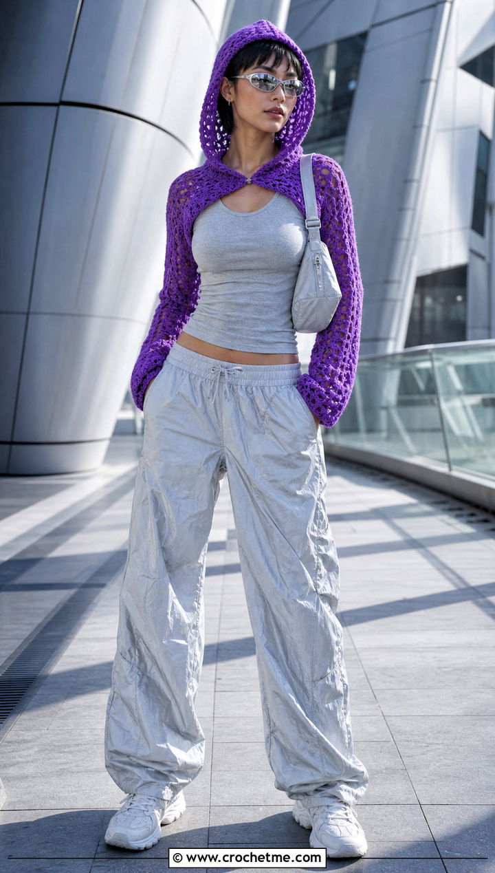 Pixie Hood Crochet Bolero With Parachute Pants - 15 Y2K Crochet Shrug outfit ideas