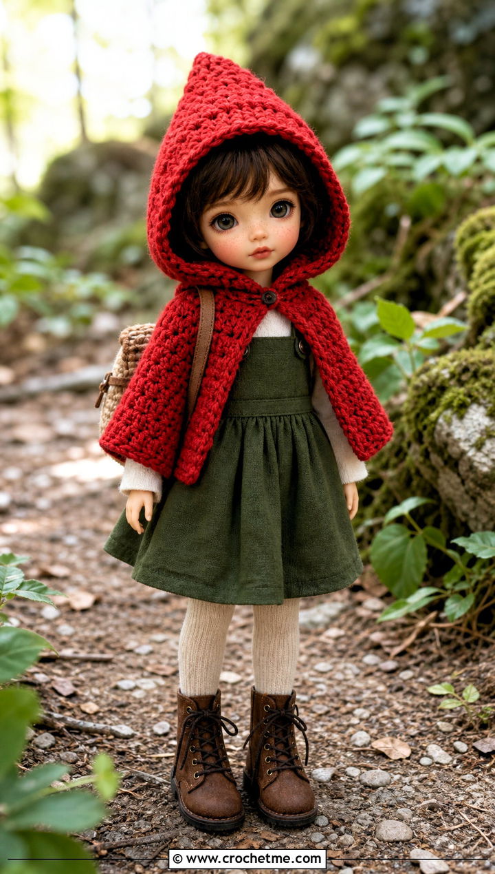 Pixie Hood Crochet Doll Cape With Pinafore Dress - 25 Crochet Doll Cape outfit ideas