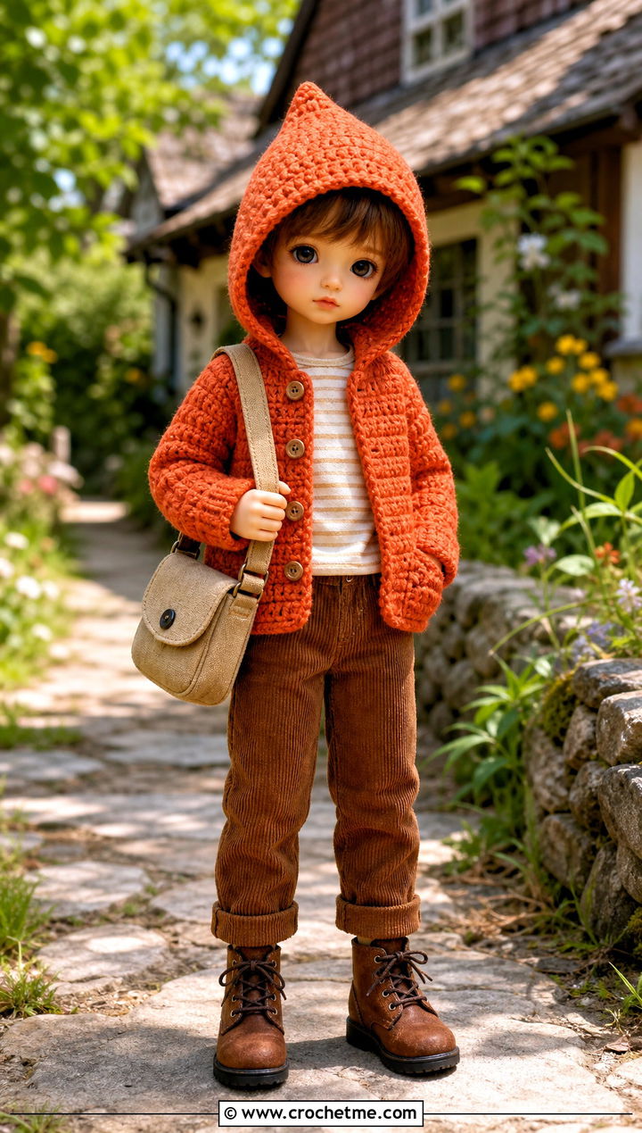 Pixie Hood Crochet Doll Jacket With Corduroy Pants - 30 crochet doll jacket outfit ideas