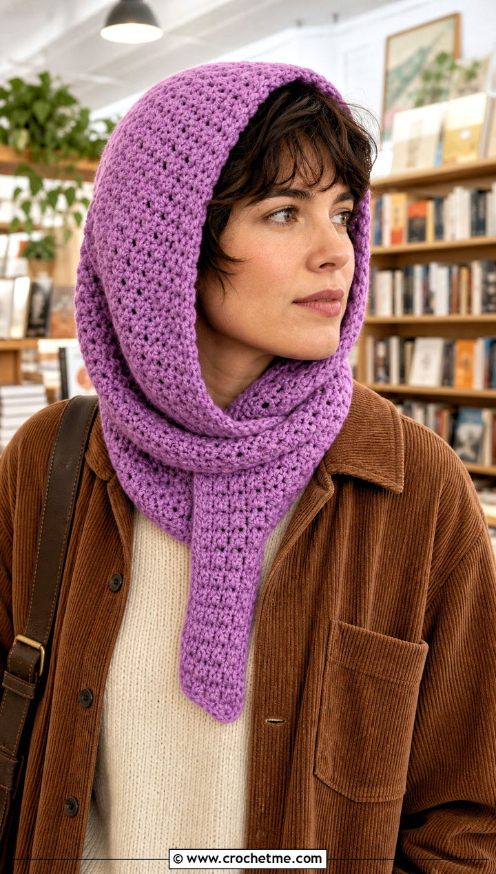 Pixie Hood Crochet Scarf With Corduroy Outfit - 30 crochet scarf with hood outfit ideas