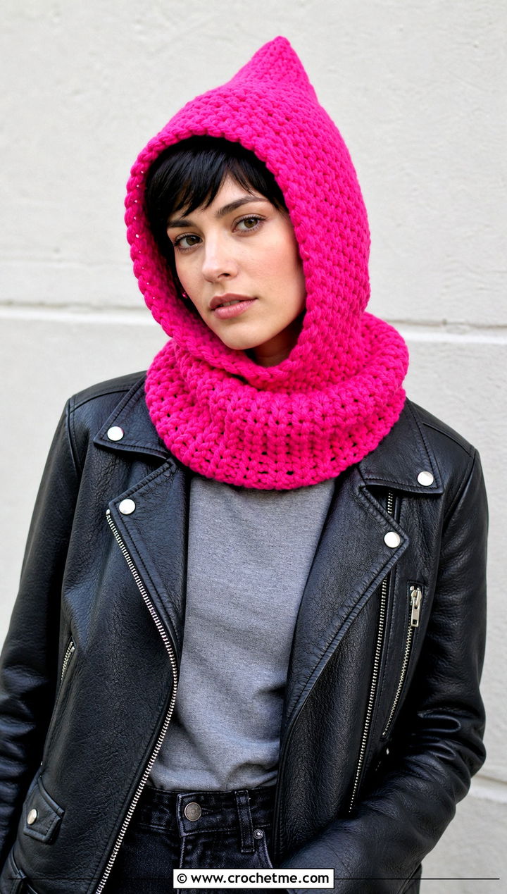 Pixie Hooded Crochet Cowl With Leather Jacket - 30 easy crochet hooded cowl outfit ideas