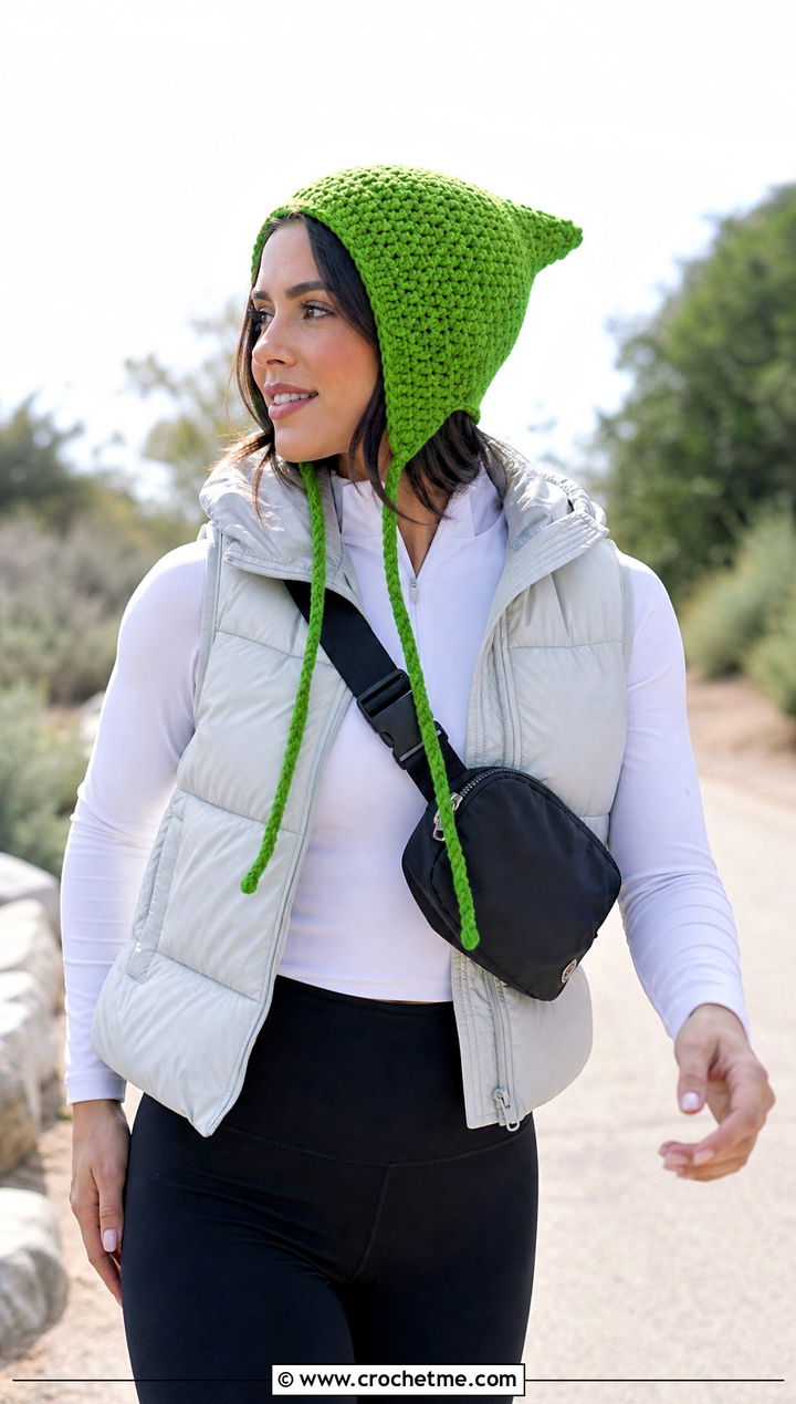 Pixie Hooded Hat With Puffer Vest And Leggings - 20 Crochet Fairy Hat outfit ideas